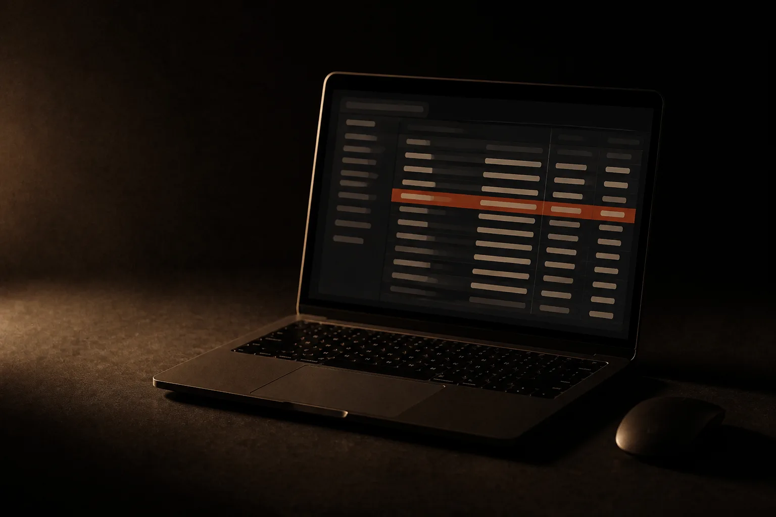 Laptop abierta con un panel de anuncios: una lista de filas a la izquierda y columnas de barras a la derecha; una fila está resaltada en terracota