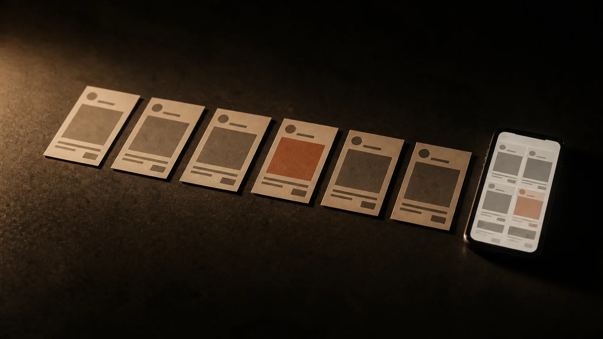 Tarjetas impresas de anuncios alineadas en fila sobre un escritorio oscuro, una en terracota, junto a un teléfono que muestra la misma grilla