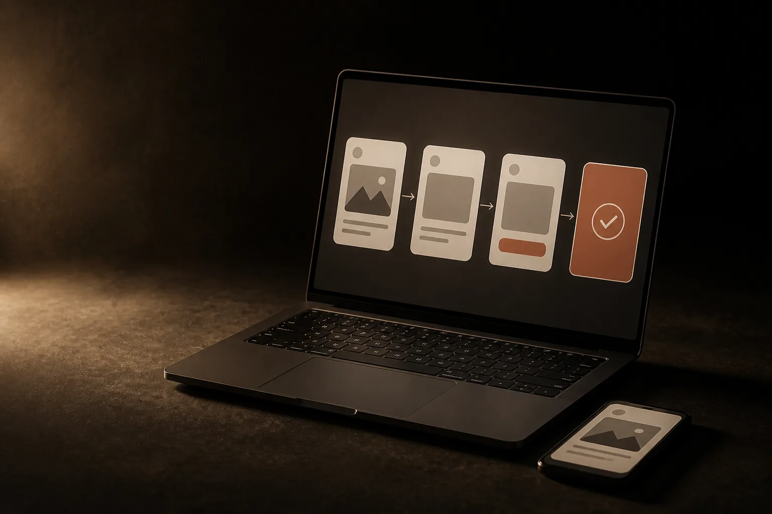 Laptop con un recorrido de bloques conectados de izquierda a derecha, del anuncio a la compra; el último bloque es terracota