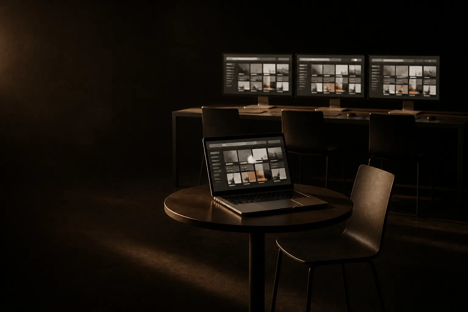 Dos puestos de trabajo vacíos: una laptop sola en una mesa chica y, más atrás, un escritorio largo con tres monitores; cada pantalla muestra un feed