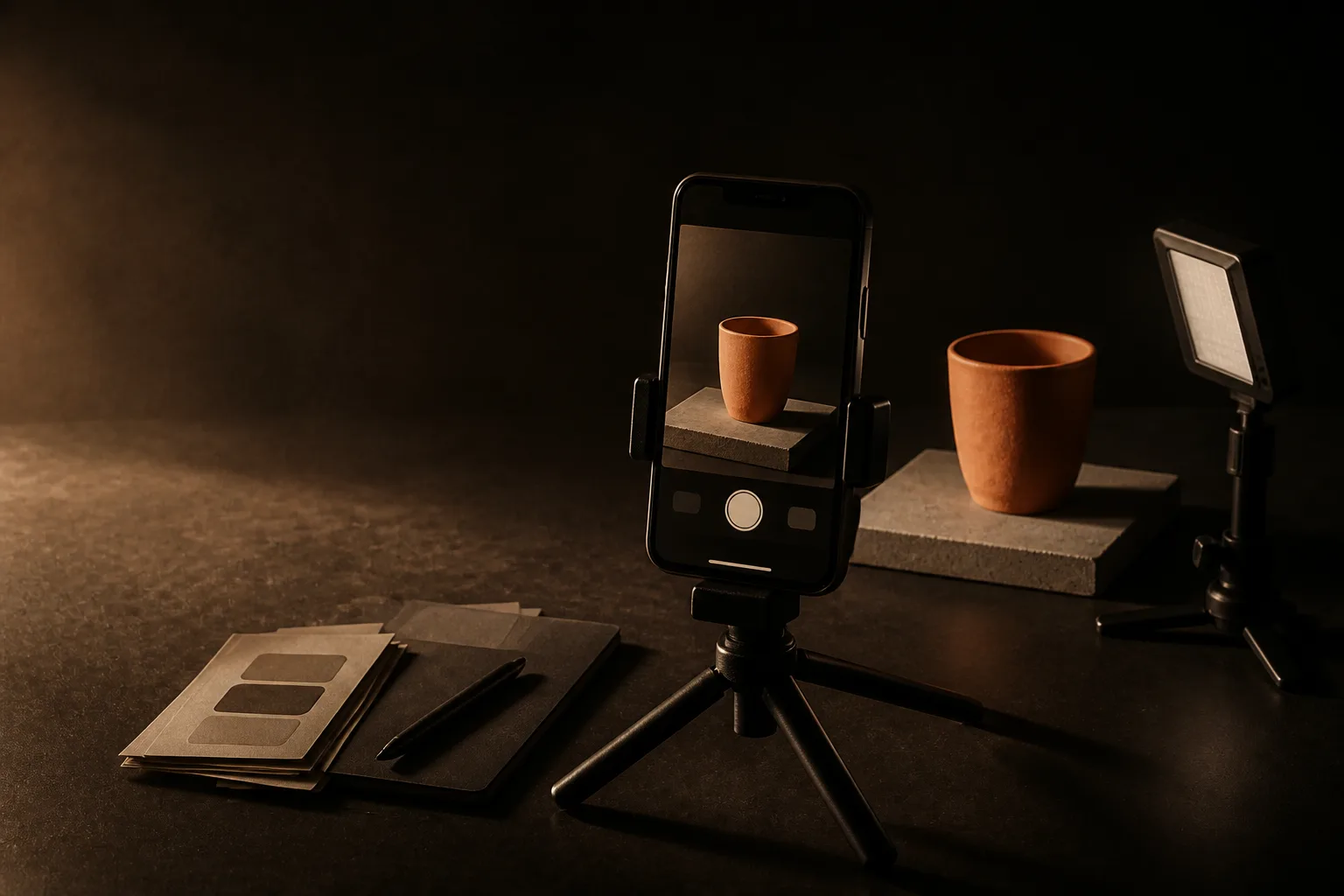 Teléfono en un trípode chico con un panel de luz, apuntando a una taza terracota sobre un set pequeño; en la pantalla se ve la taza encuadrada