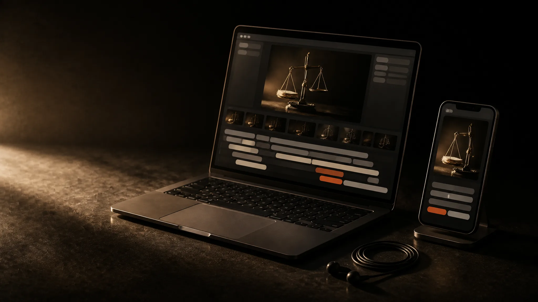 Laptop con una línea de tiempo de edición de video en varias pistas; un clip es terracota, junto a un teléfono con un video vertical