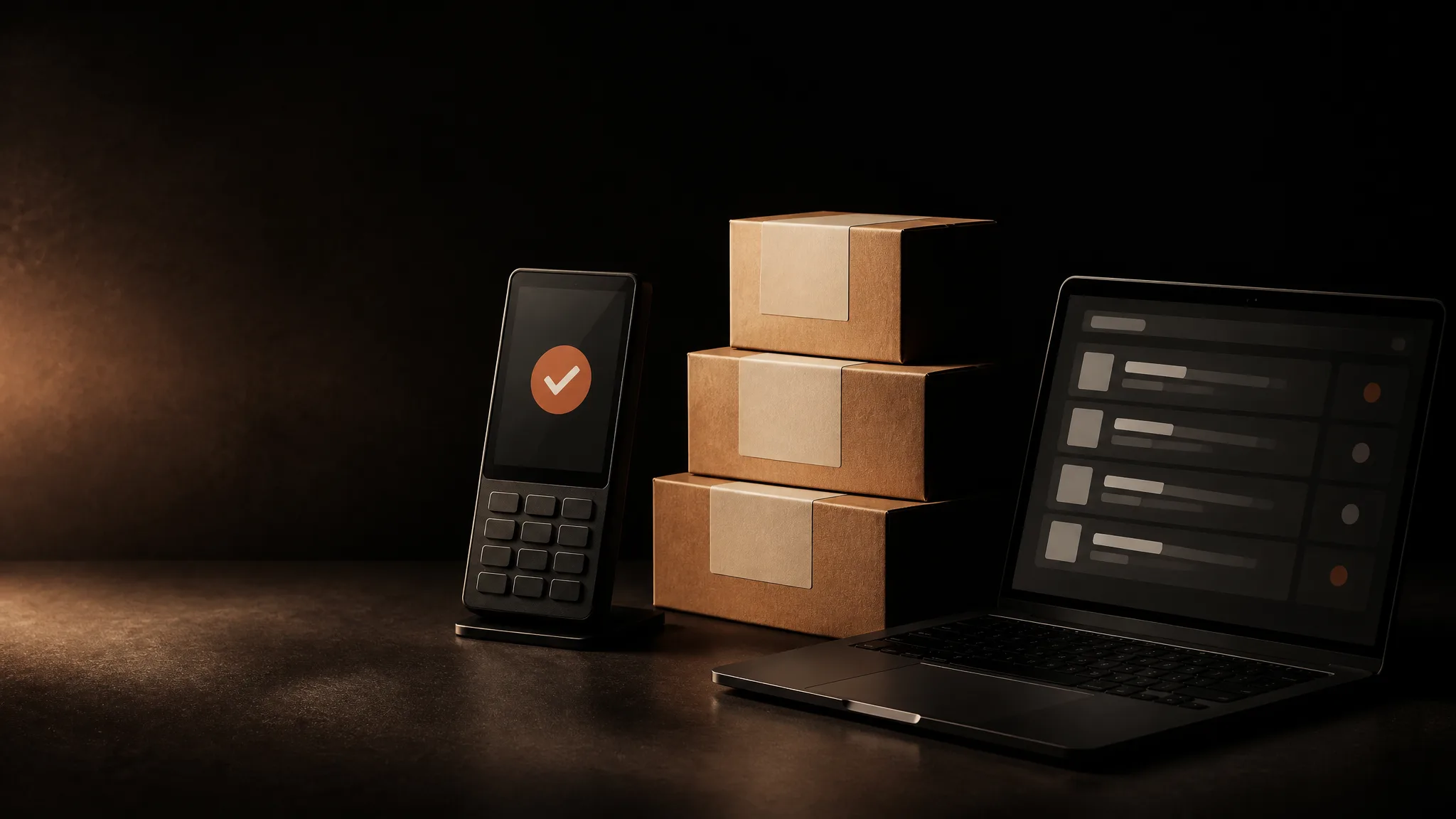 Datáfono moderno con un círculo de pago aprobado en terracota junto a cajas de envío apiladas y una laptop con la lista de pedidos