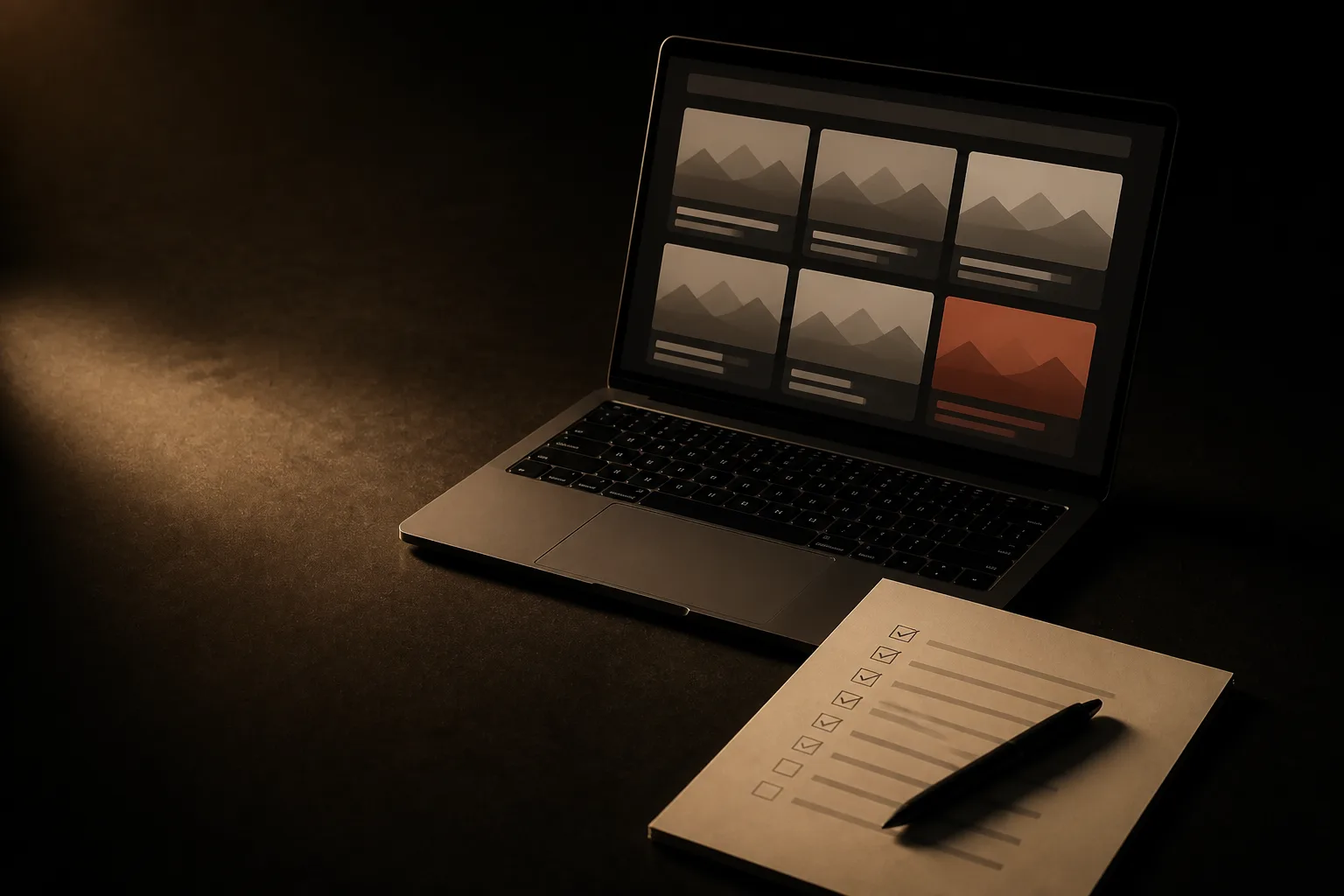 Laptop con una grilla de casos de una agencia, una tarjeta en terracota, junto a una lista impresa de criterios con casillas marcadas