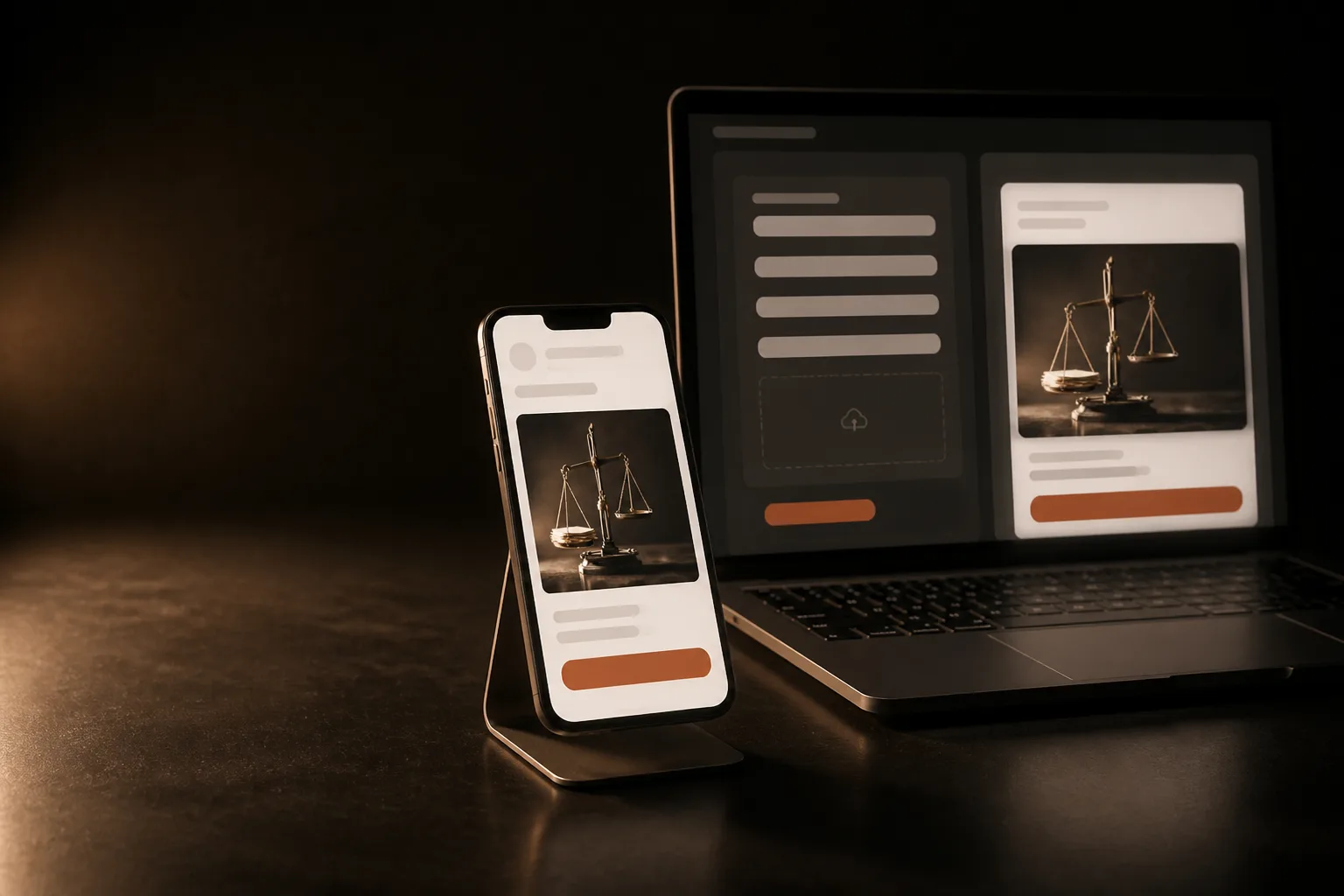 Teléfono en un soporte con una publicación patrocinada en el feed y su botón terracota, junto a una laptop con el formulario para crear el anuncio