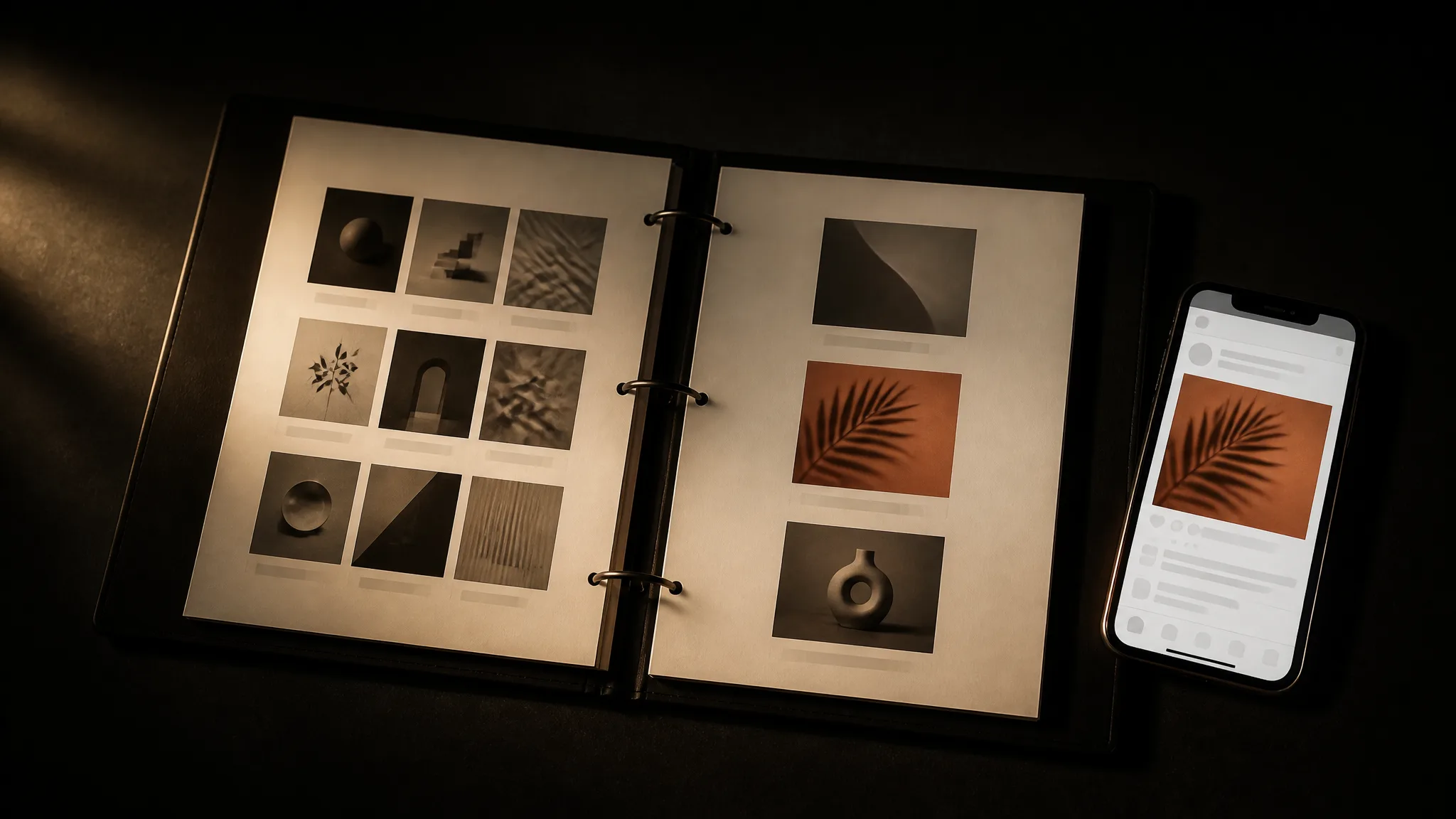 Carpeta de portafolio abierta con diseños de publicaciones impresos, uno en terracota, junto a un teléfono que muestra una de ellas