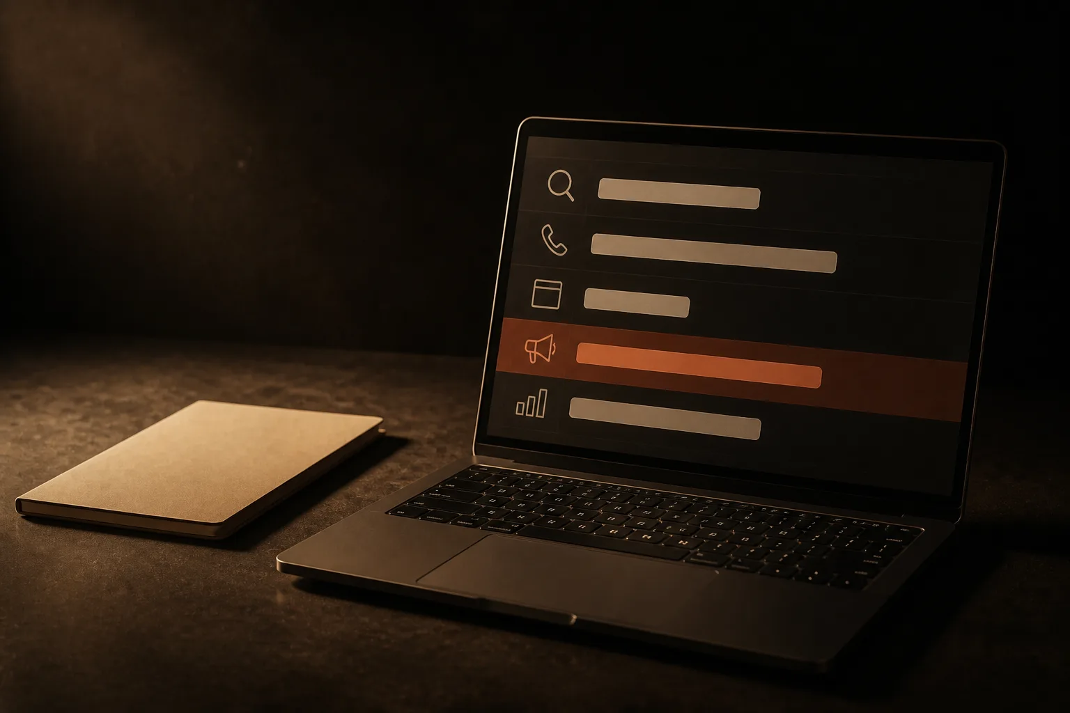 Laptop con una tabla de servicios, cada fila con un ícono y una barra de rango de precio; una fila es terracota