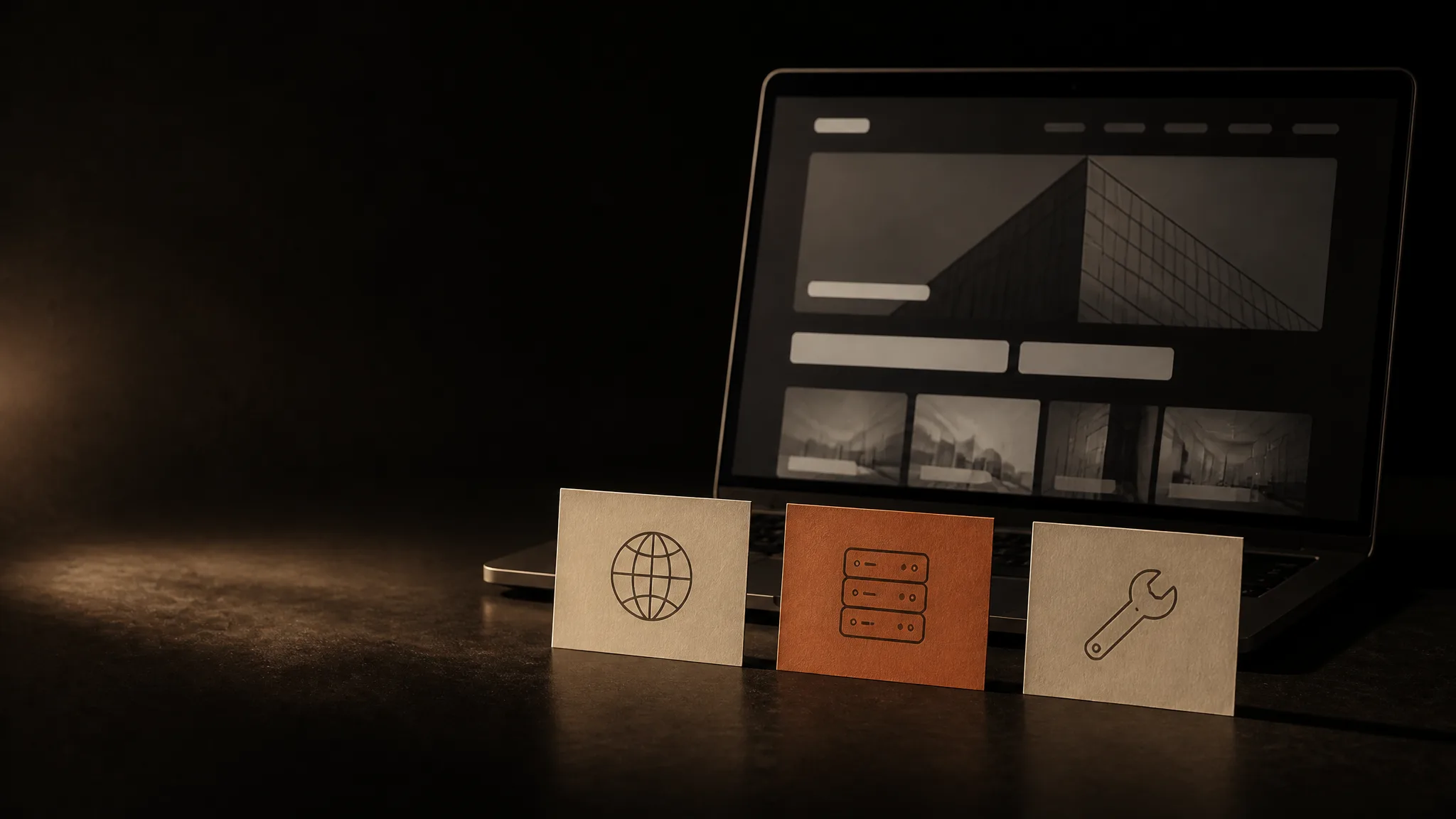 Laptop con una página web y, delante, tres tarjetas marfil con dibujos de dominio, servidor y llave de mantenimiento; una tarjeta es terracota