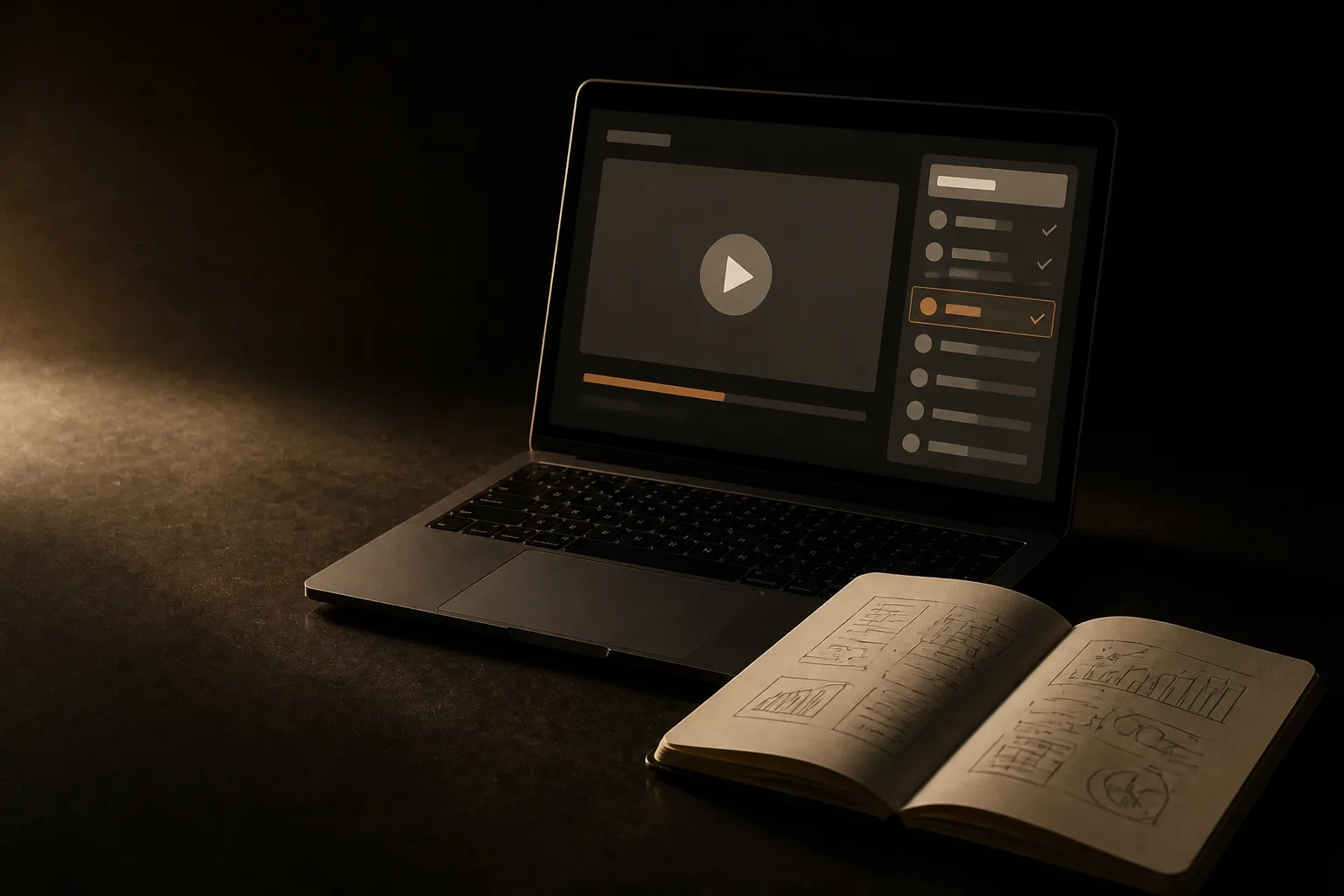 Laptop con un curso en línea: un video grande, una lista de lecciones con marcas y una barra de progreso en terracota, junto a un cuaderno con apuntes