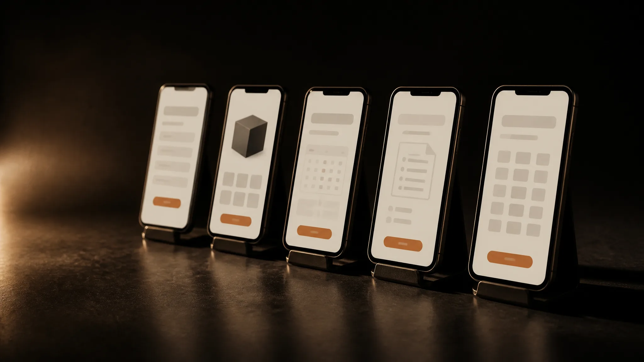 Cinco teléfonos en fila, cada uno con una landing distinta: formulario, producto, evento, descarga y reserva, todas con su botón terracota