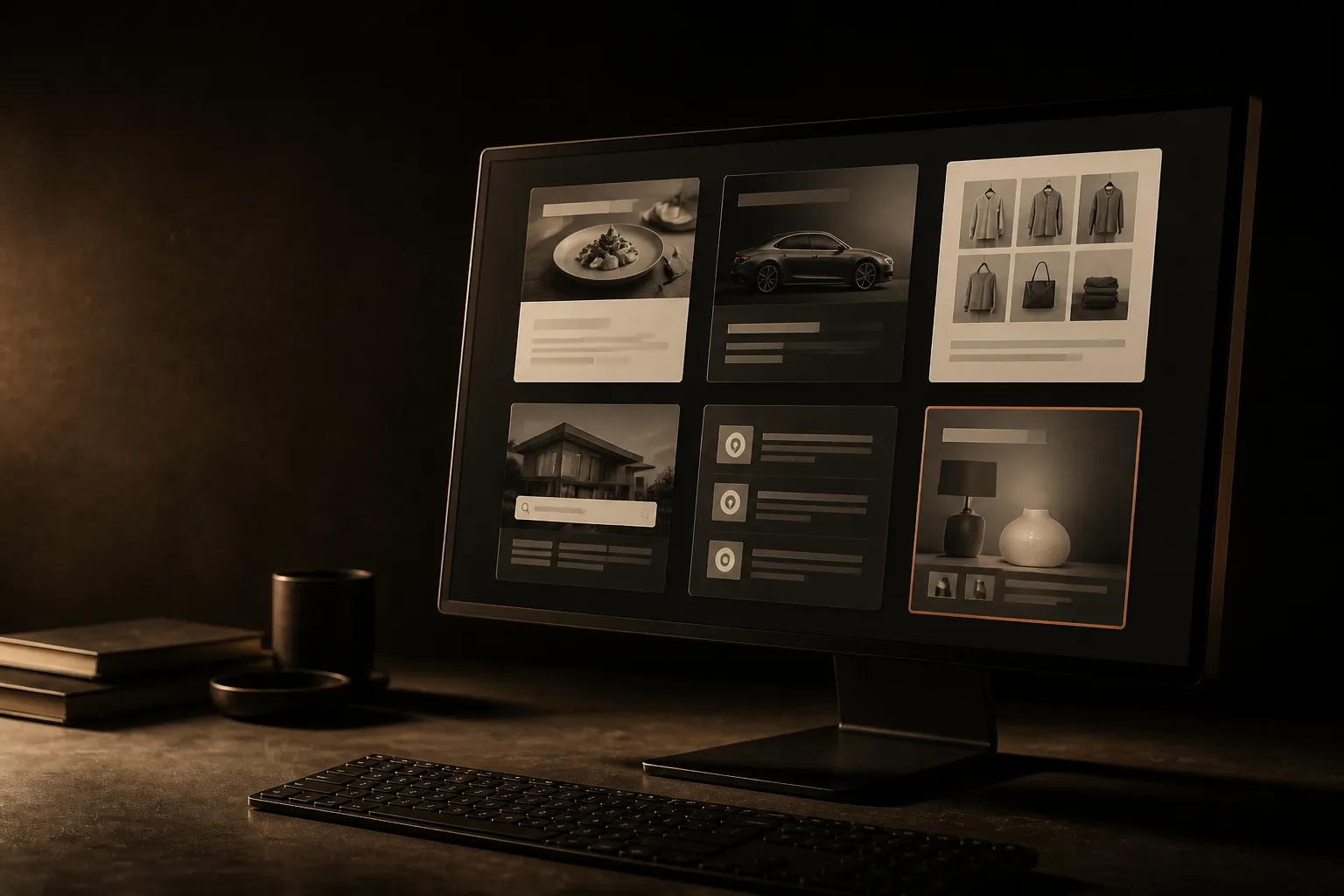 Monitor con una grilla de seis miniaturas de páginas web de negocios distintos; una miniatura tiene el borde terracota