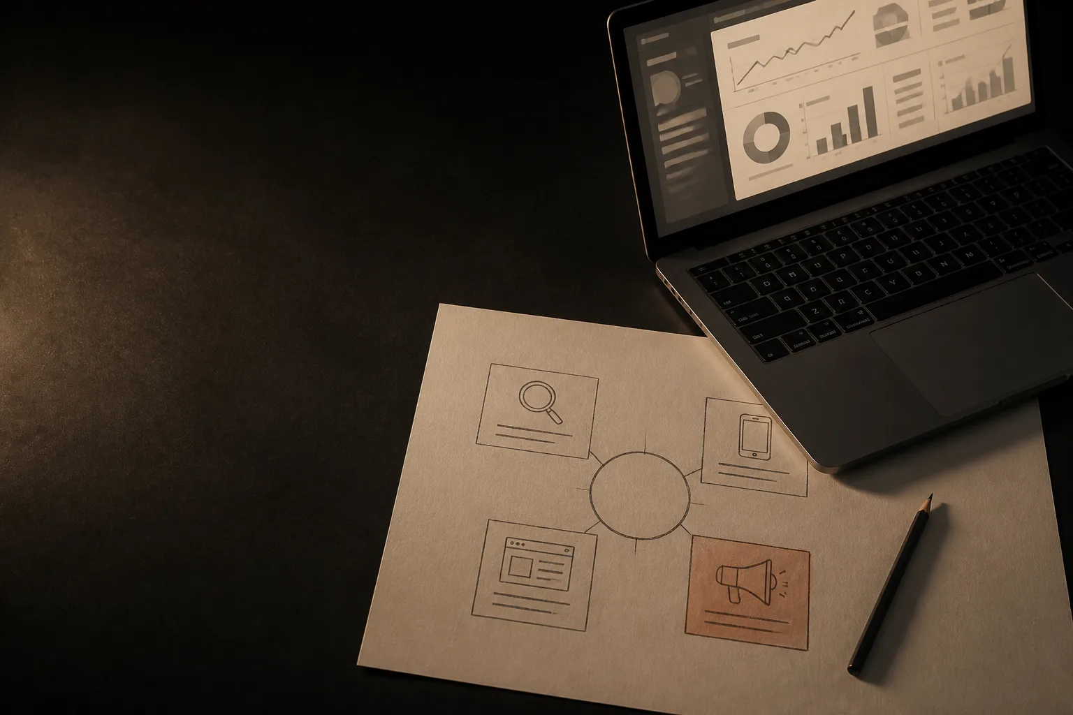 Hoja con un mapa de estrategia a lápiz: un círculo central unido a cuatro recuadros con íconos, uno en terracota, junto a una laptop con gráficos