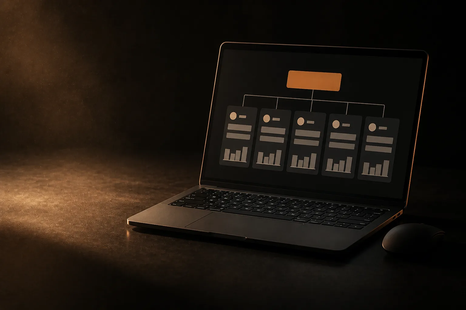 Laptop con una cuenta principal arriba unida a cinco cuentas debajo, cada una con su gráfico; la principal es terracota
