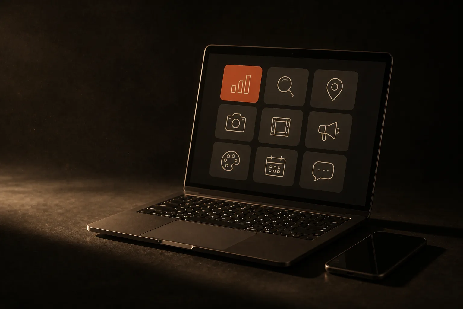 Laptop con una grilla de nueve íconos de herramientas; uno es terracota, junto a un teléfono