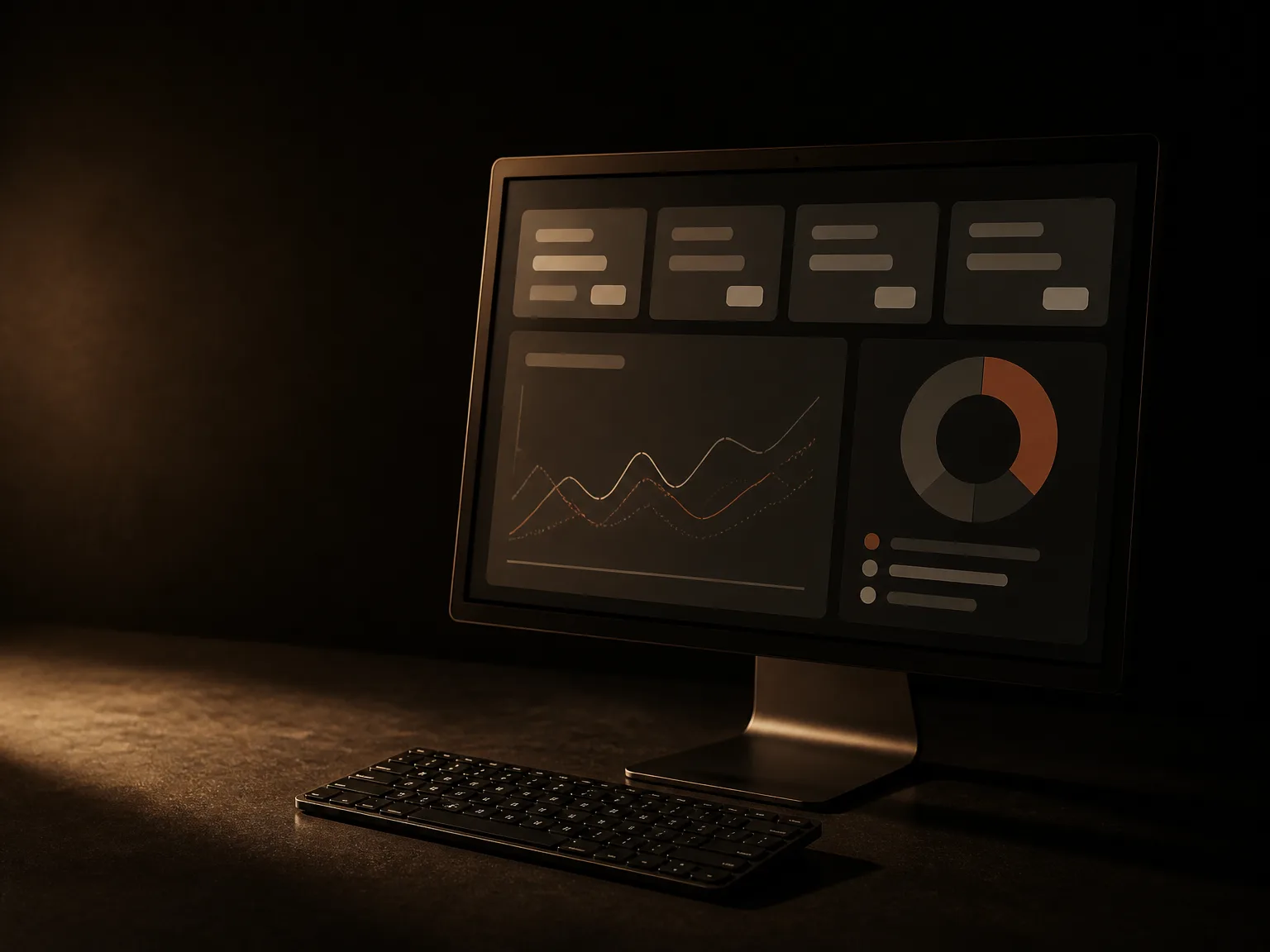 Monitor con un tablero de medición: gráfico de línea, gráfico circular con un segmento terracota y cifras en bloques