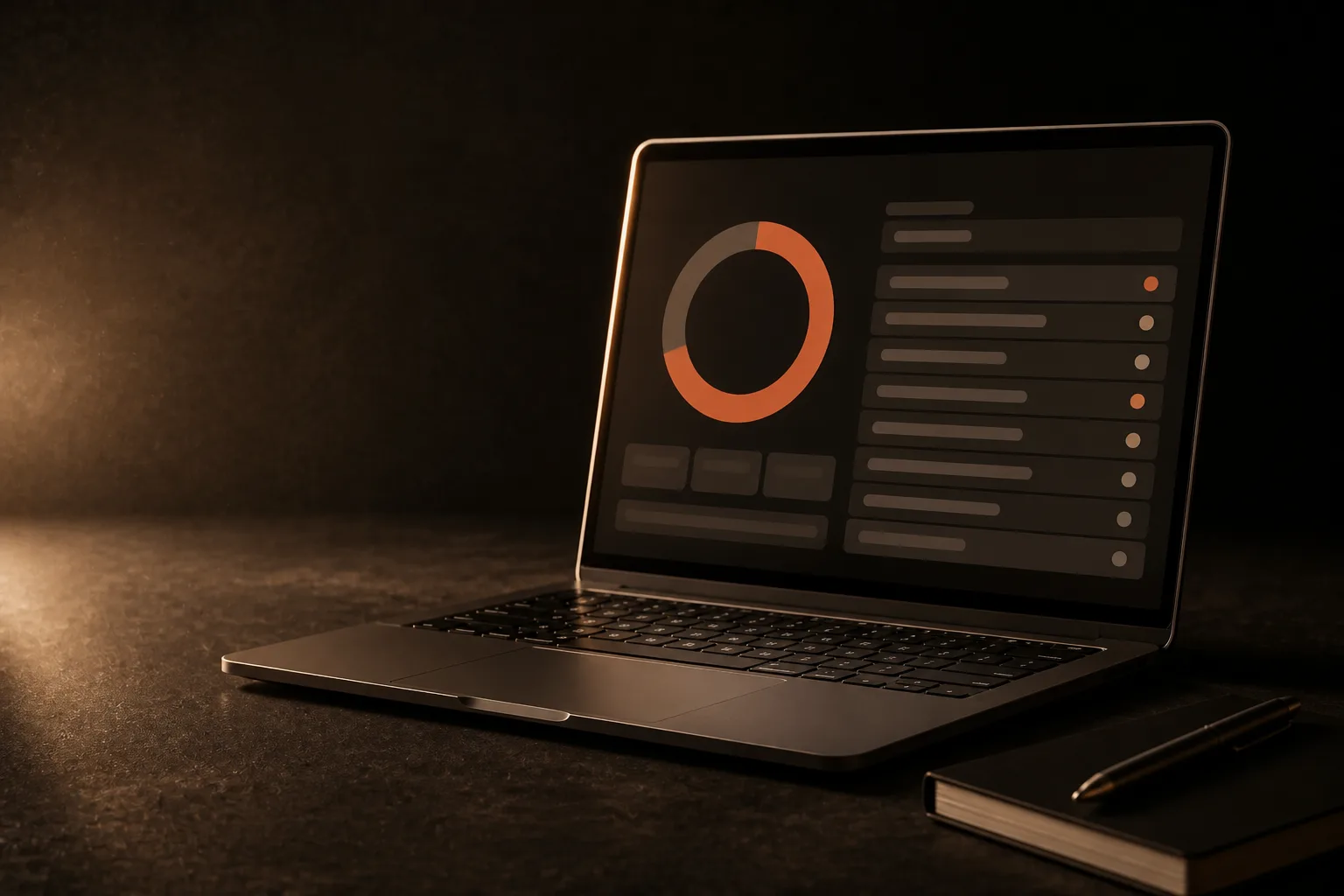 Laptop con un informe de auditoría: un medidor circular terracota y una lista de revisiones con puntos de estado