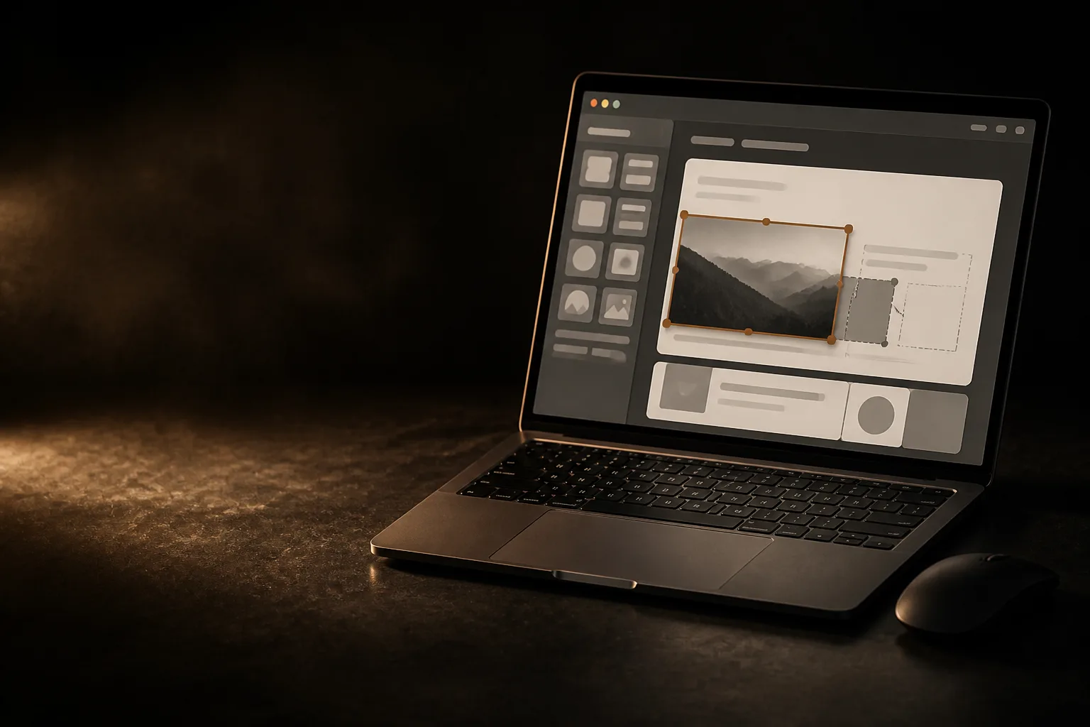 Laptop con un editor de páginas de arrastrar y soltar; el bloque que se mueve tiene los bordes de selección en terracota