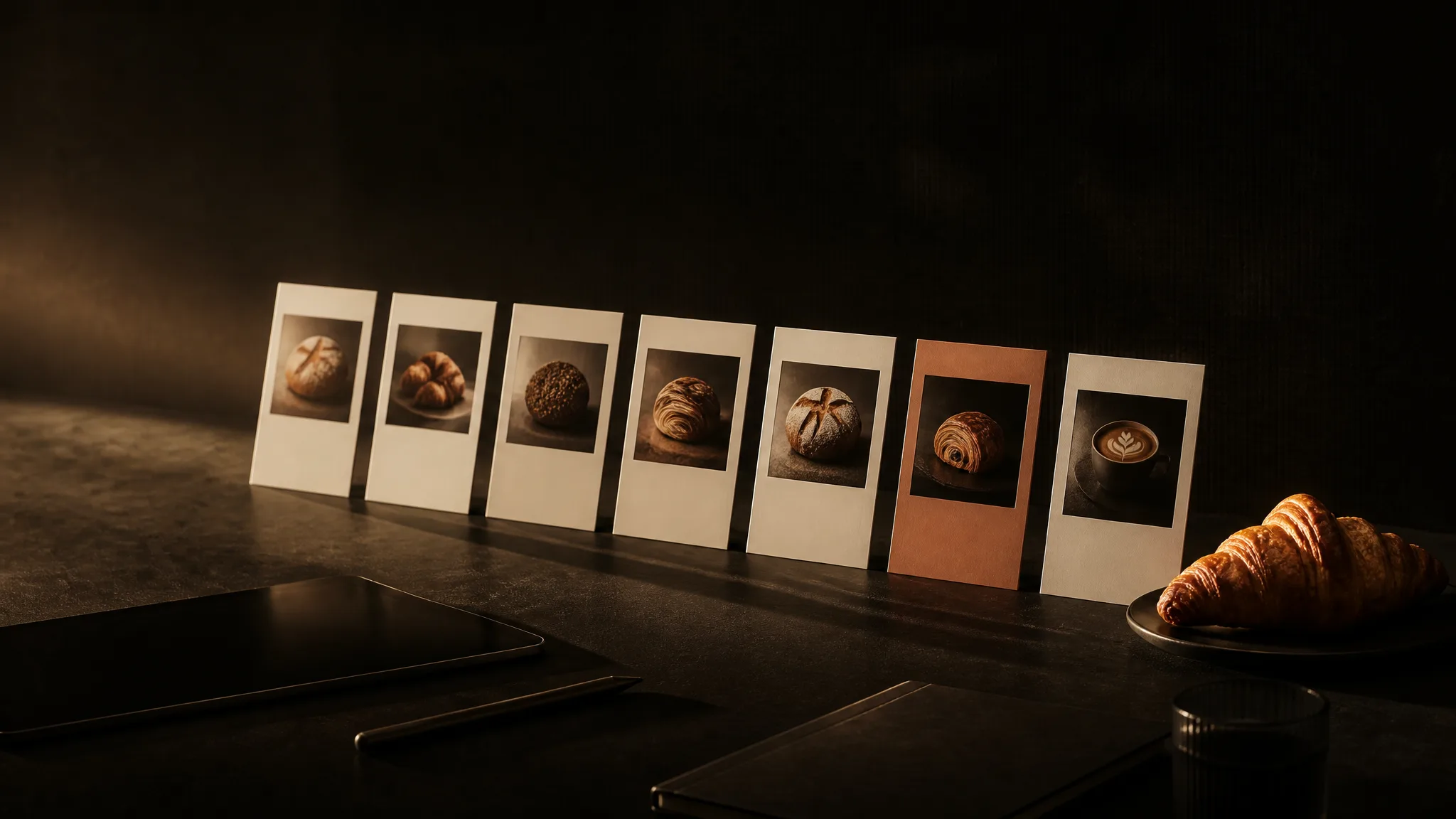Siete tarjetas marfil en fila con fotos de panes y café; una es terracota, con un croissant al final