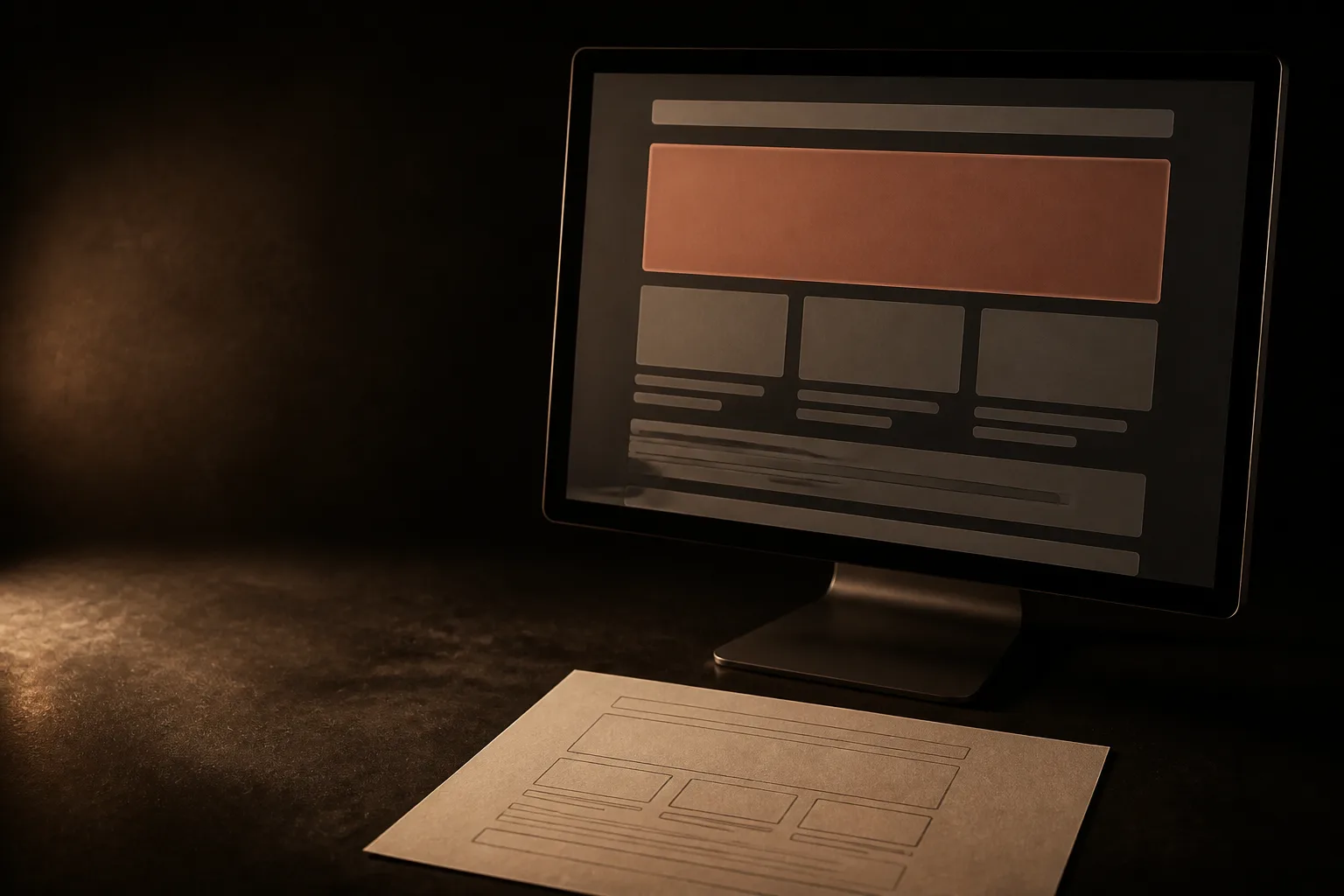 Monitor con el esquema de una página web por bloques, el principal en terracota, y el mismo esquema dibujado a lápiz en papel