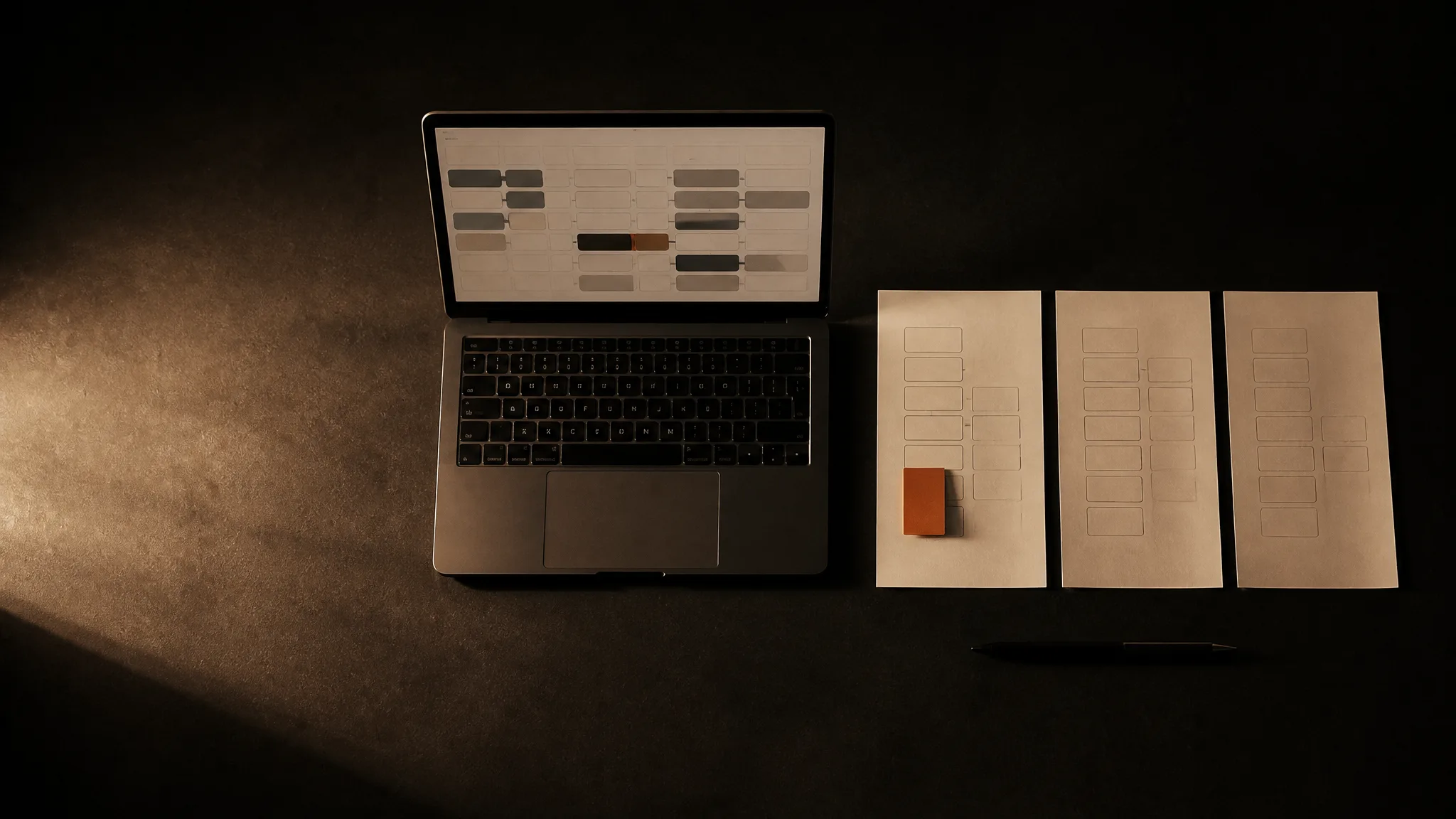 Laptop con un calendario de bloques junto a tres hojas con el plan en columnas; una tarjeta terracota marca la prioridad