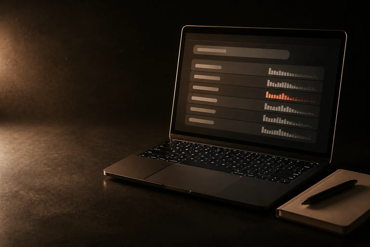 Laptop con una herramienta de palabras clave: un buscador y una tabla con barras de volumen; una fila es terracota