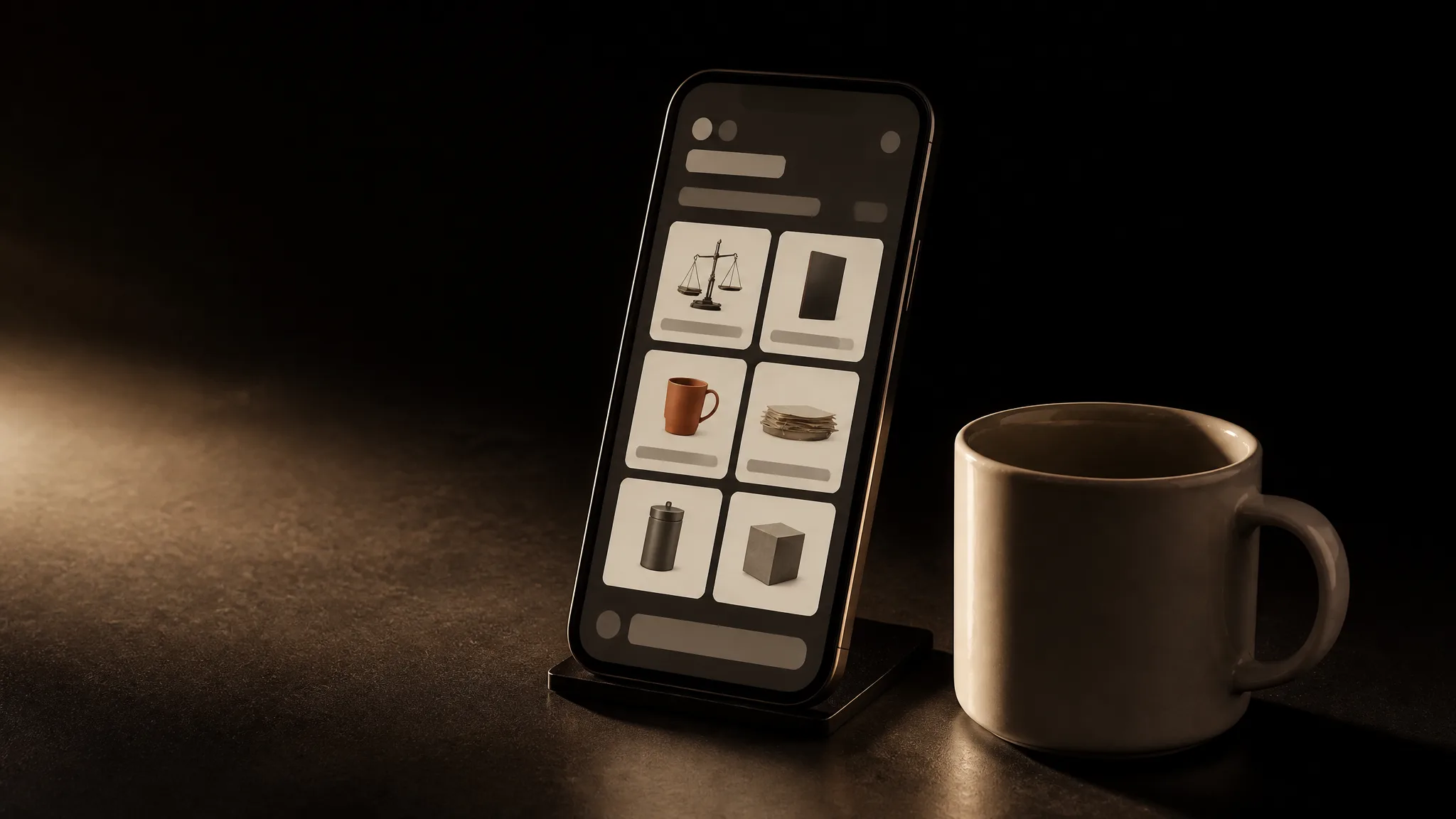 Teléfono con un catálogo de productos en grilla dentro de un chat, uno en terracota, junto a una taza de cerámica