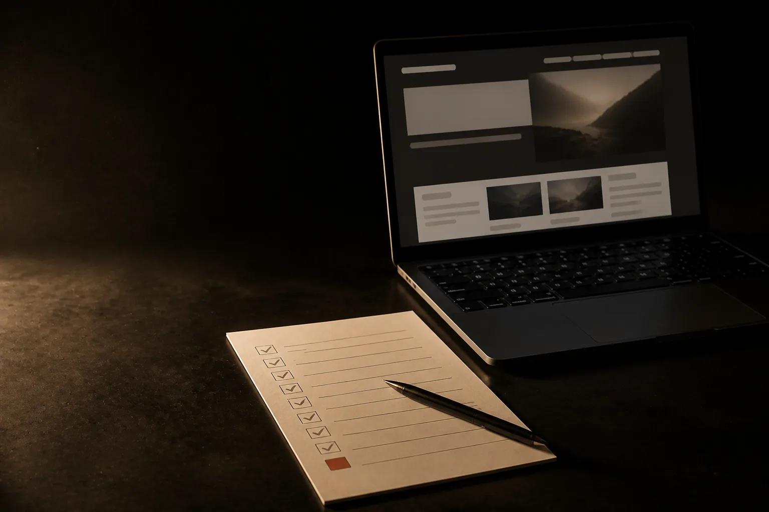Laptop con un sitio web junto a una lista impresa de diez puntos casi todos tildados; la casilla que falta es terracota