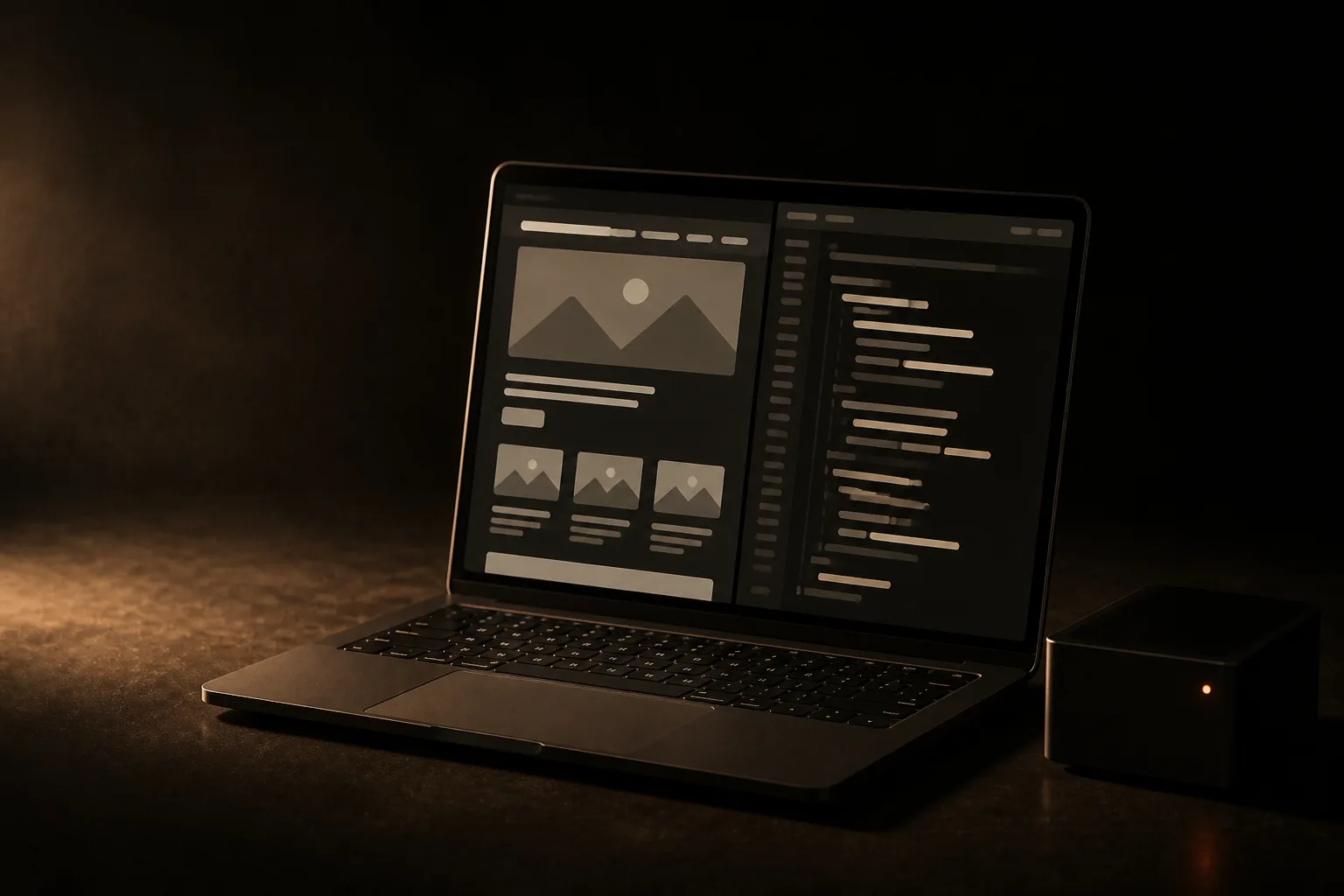 Laptop con la página a un lado y el código en barras al otro, junto a un servidor chico con una luz terracota