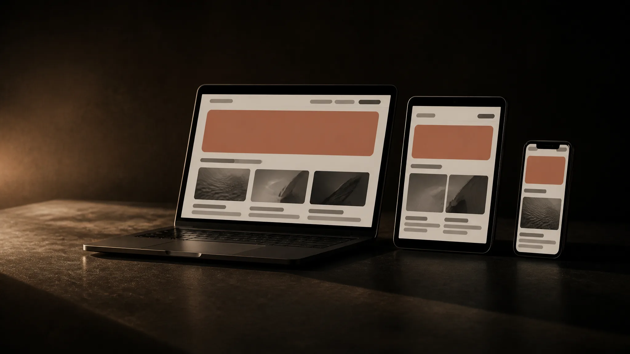 La misma página en laptop, tablet y teléfono, con el diseño que se acomoda a cada pantalla; el bloque principal es terracota