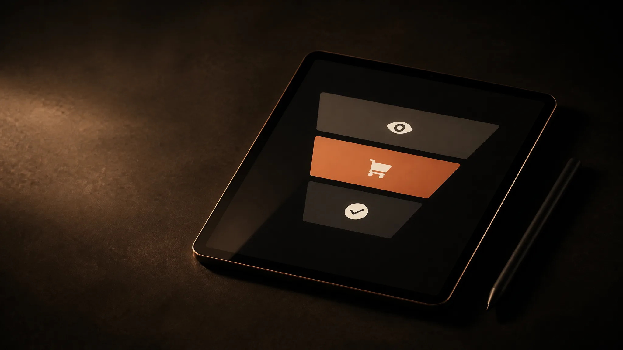 Tablet con un embudo de tres barras: visitas, carrito y compras; la del carrito es terracota