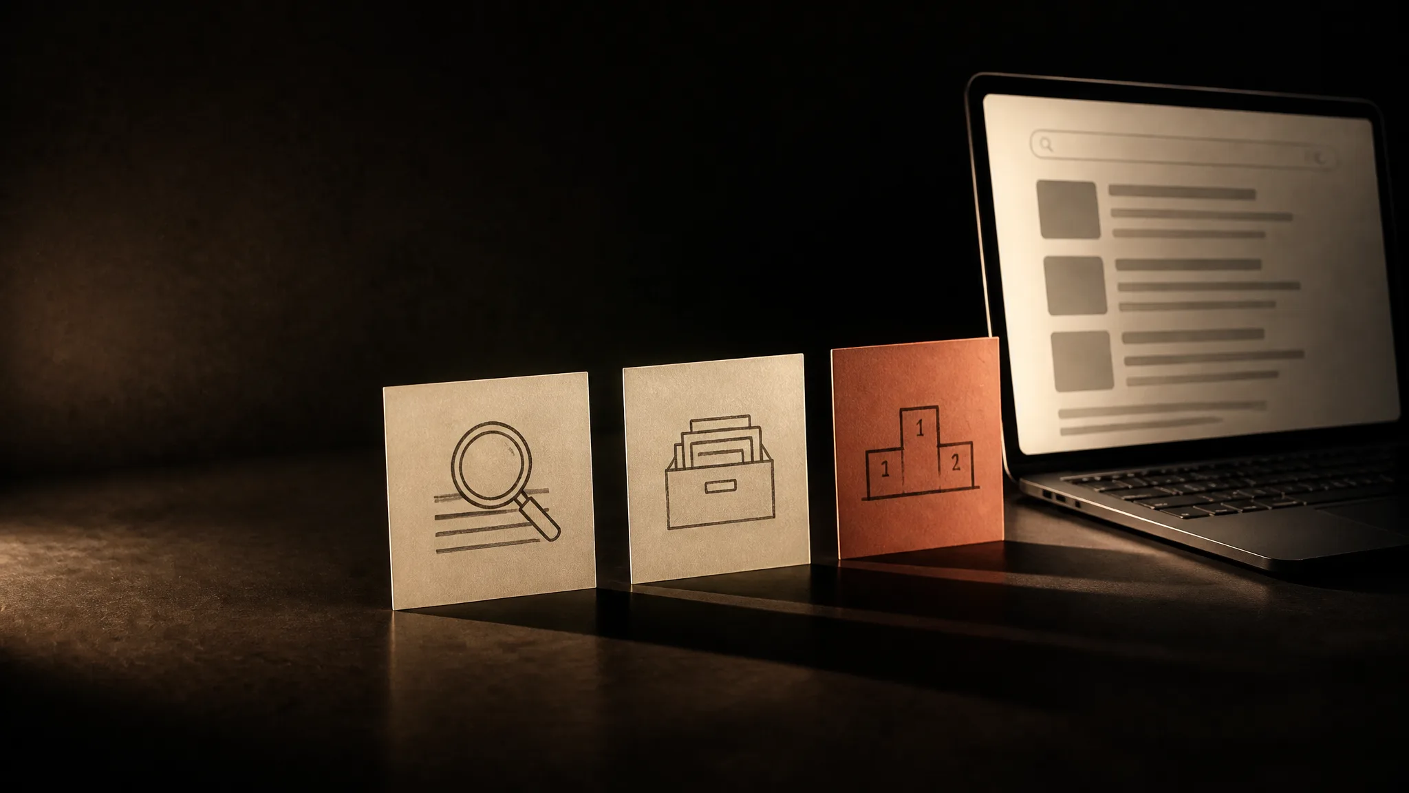 Tres tarjetas con dibujos de rastreo, índice y ranking, la del ranking en terracota, que terminan en una laptop con resultados