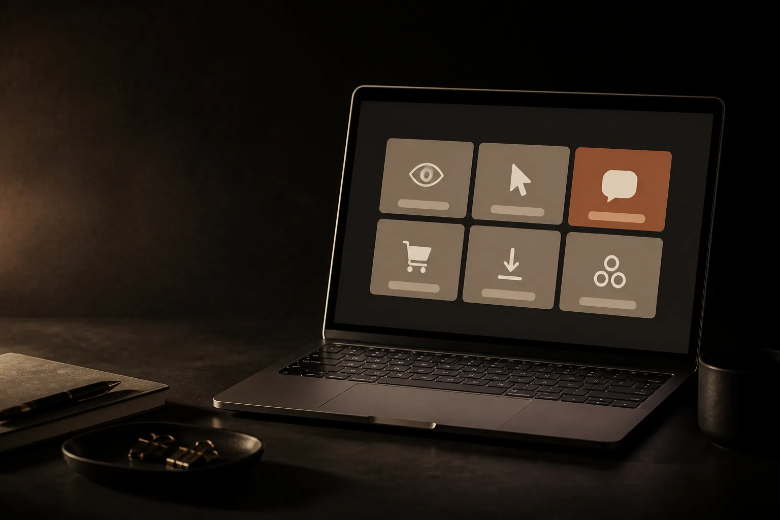 Laptop con seis opciones de objetivo de campaña en tarjetas con íconos; la elegida es terracota