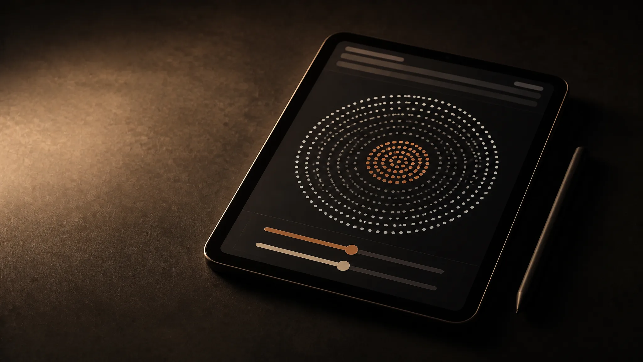 Tablet con círculos concéntricos de público llenos de puntos; el círculo interior es terracota