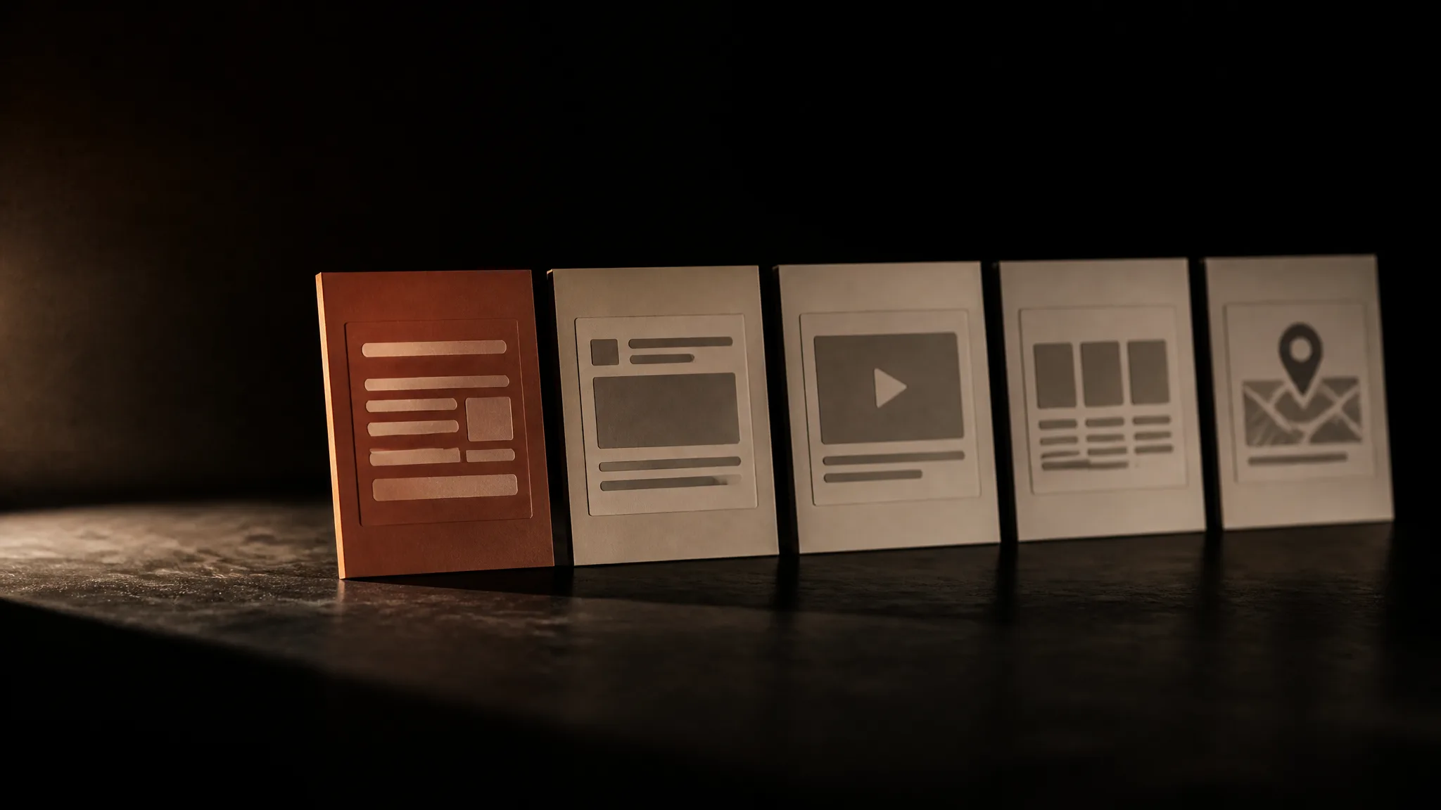Cinco tarjetas con los tipos de campaña: búsqueda, banner, video, producto y mapa; la de búsqueda es terracota