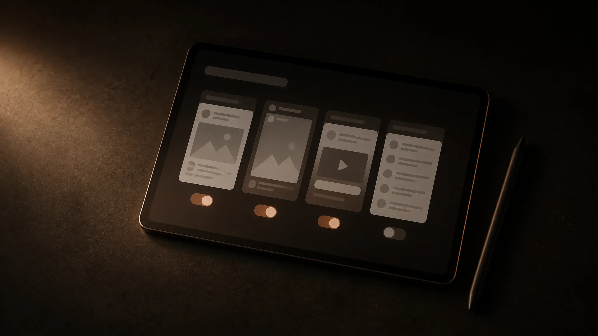 Tablet con las ubicaciones de un anuncio en miniatura, cada una con su interruptor; los encendidos son terracota
