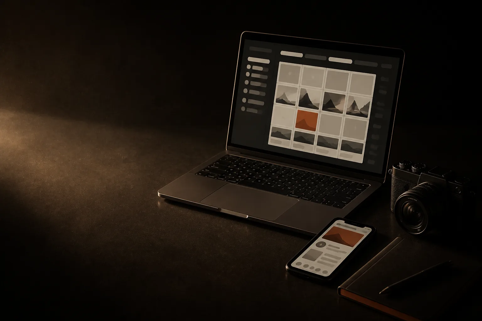Laptop con un calendario de publicaciones, teléfono editando un post y una cámara negra; una publicación es terracota