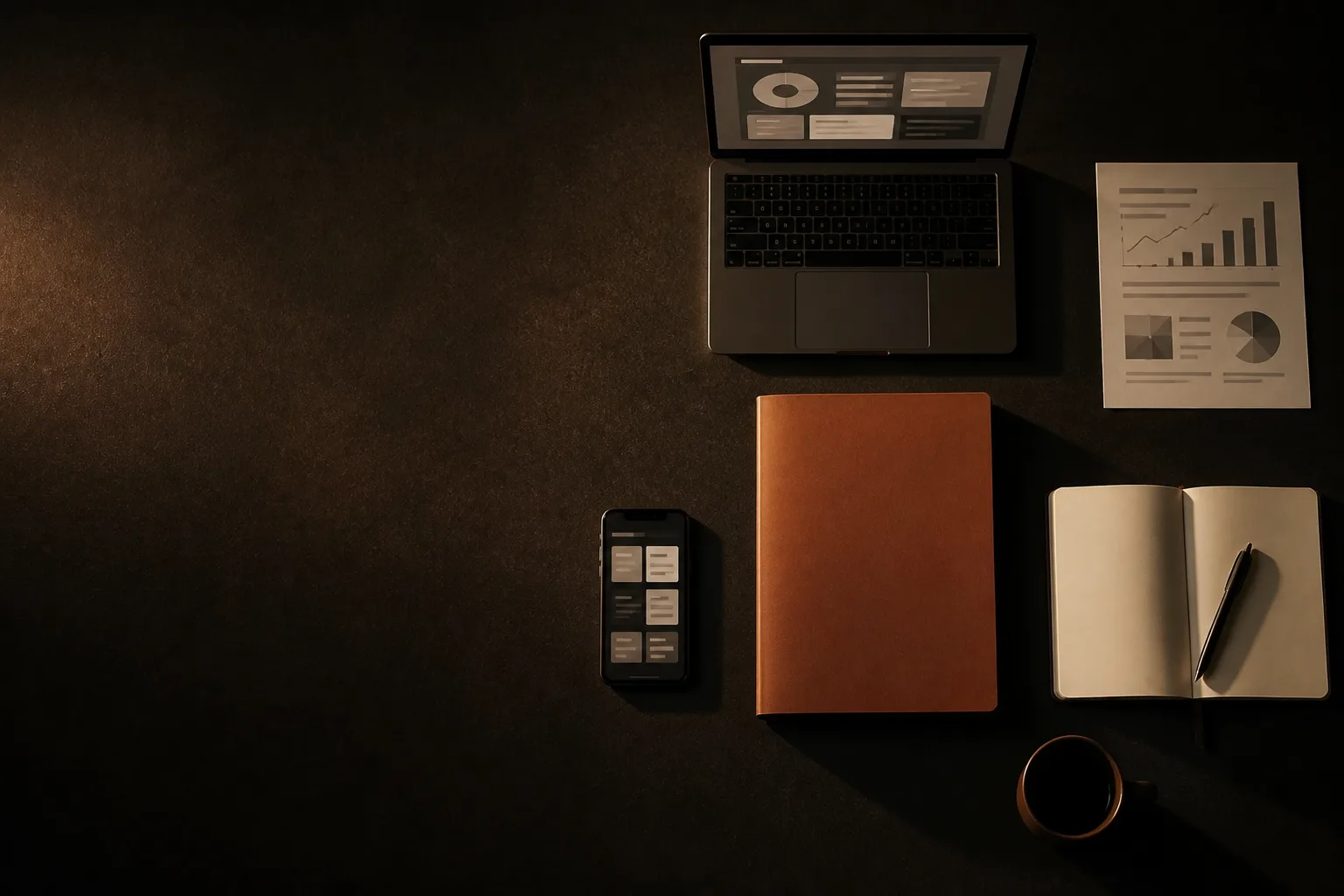 Mesa de trabajo vista desde arriba con laptop, informe, teléfono y cuaderno alrededor de una carpeta terracota