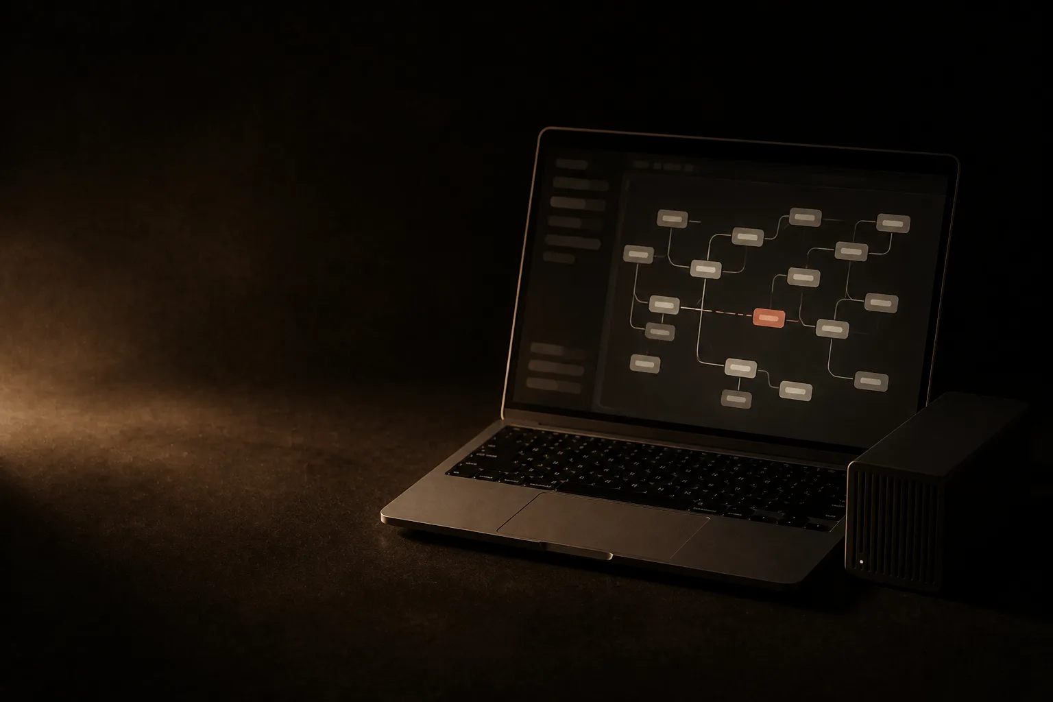 Laptop con el mapa de un sitio en nodos; un nodo cortado está en terracota, junto a un servidor chico