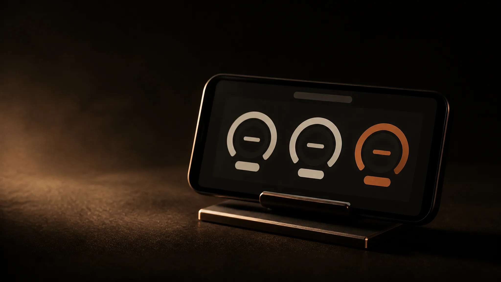 Teléfono con tres medidores circulares de velocidad; uno es terracota
