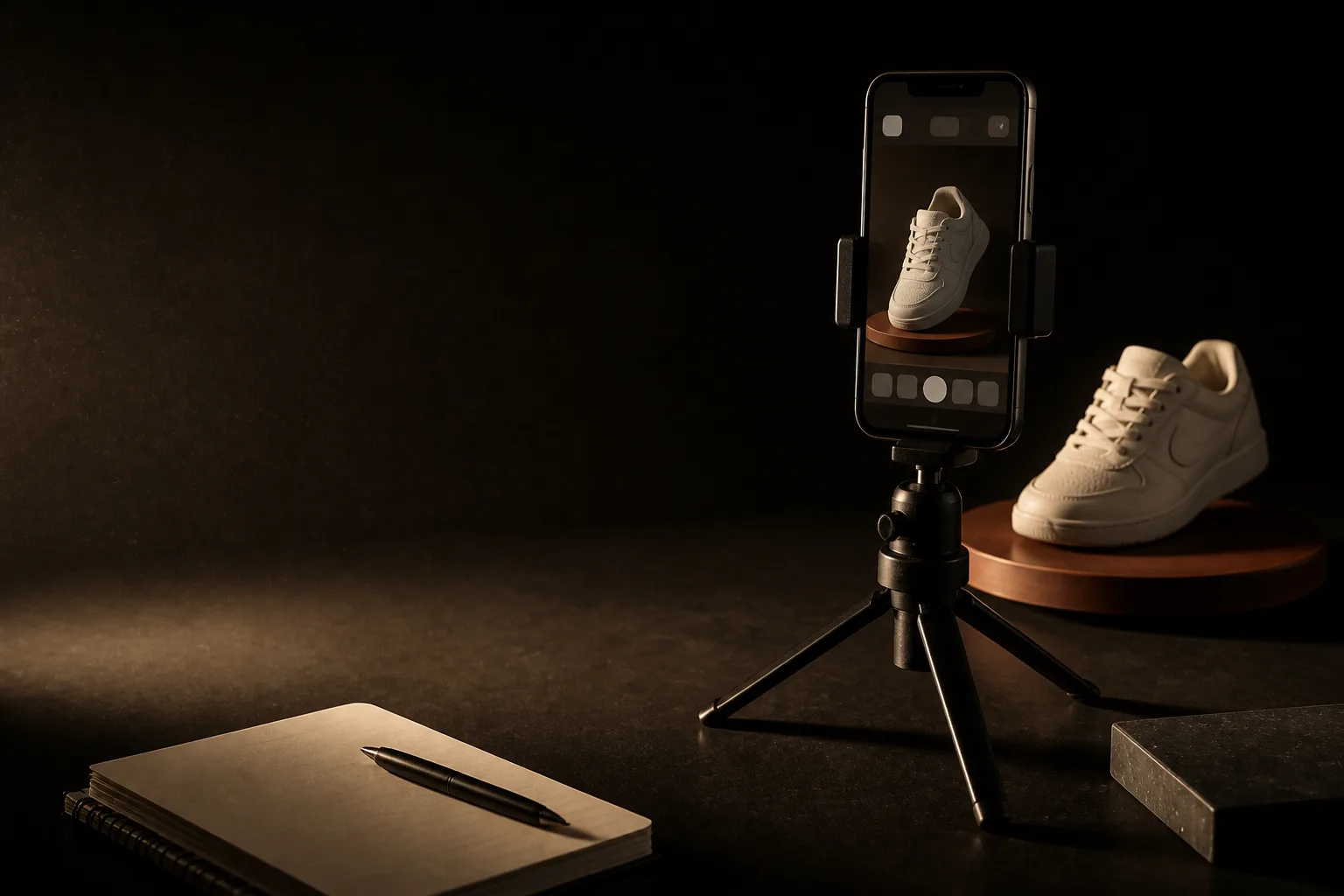 Teléfono en un trípode filmando una zapatilla sobre una base giratoria terracota