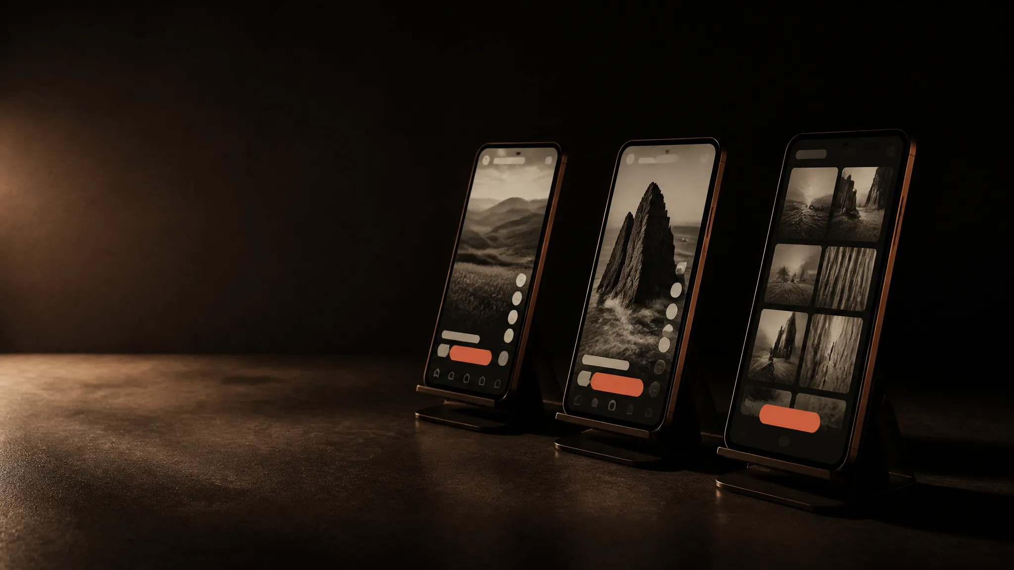 Tres teléfonos con formatos de video vertical distintos; cada uno con un botón terracota