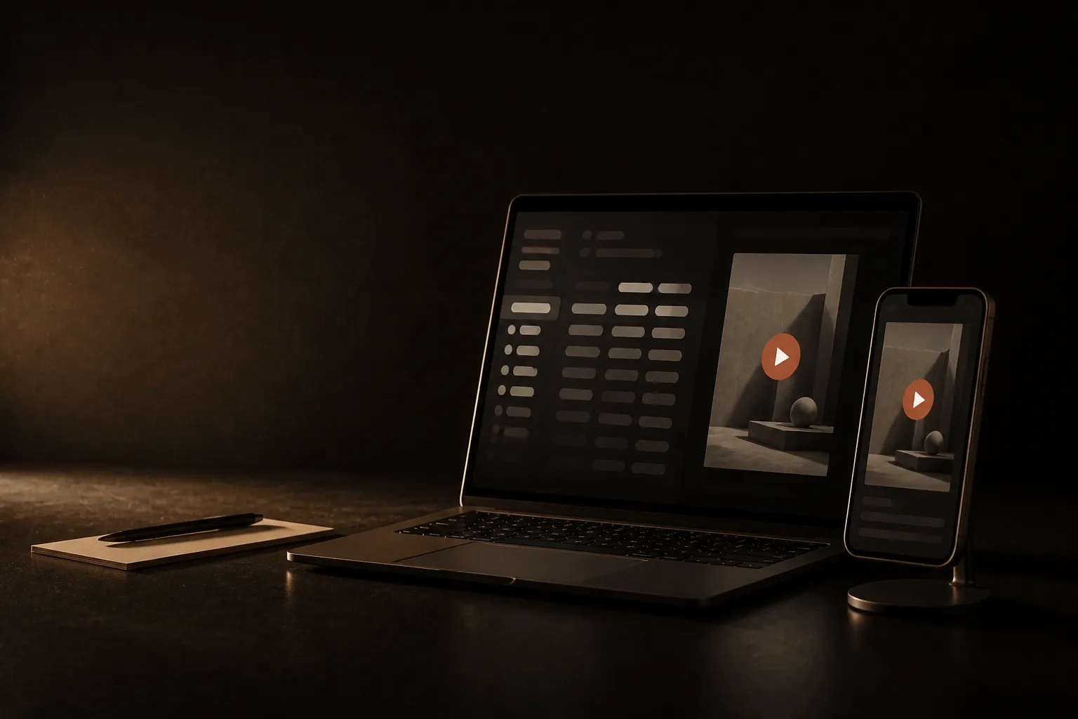 Laptop con un panel de anuncios y la vista previa de un video vertical, junto a un teléfono con un video; el botón de reproducir es terracota
