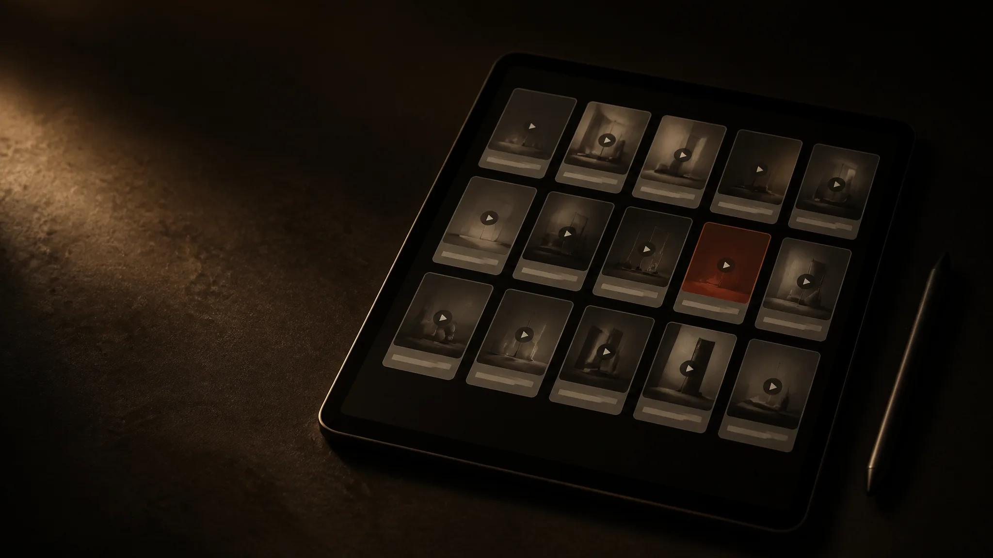 Tablet con una grilla de miniaturas de videos verticales; una es terracota
