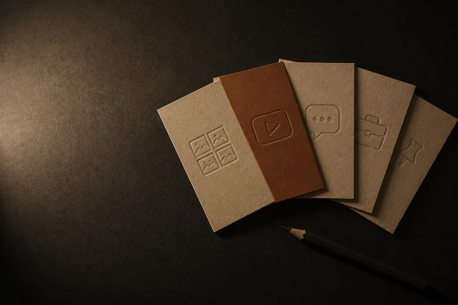 Cinco tarjetas en abanico con dibujos de fotos, video, chat, maletín y tablero; la del video es terracota