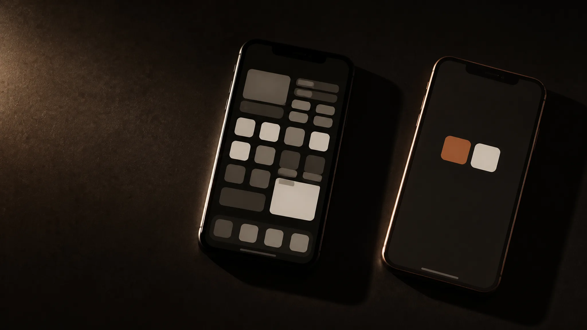 Dos teléfonos: uno con muchas apps de redes amontonadas y otro con solo dos, una terracota