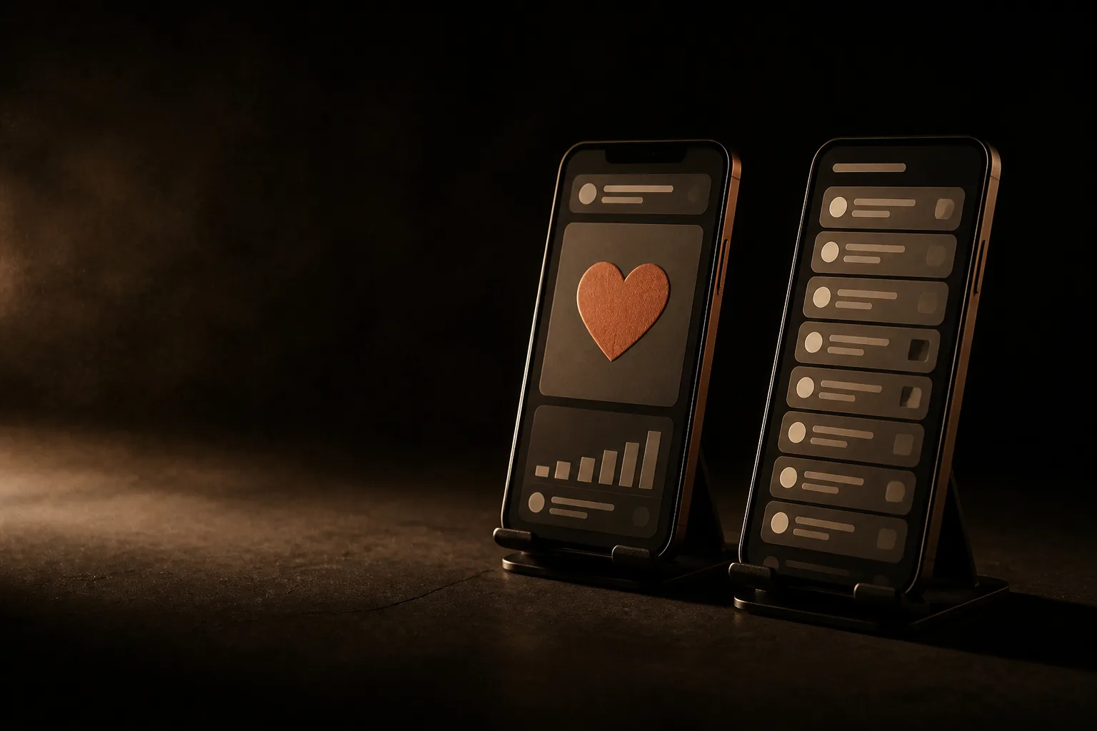 Dos teléfonos: uno con un corazón terracota y un contador que sube, otro con muchas notificaciones acumuladas