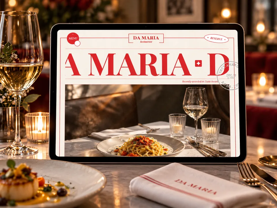 Sitio de un restaurante italiano en una tableta junto a un plato de pasta